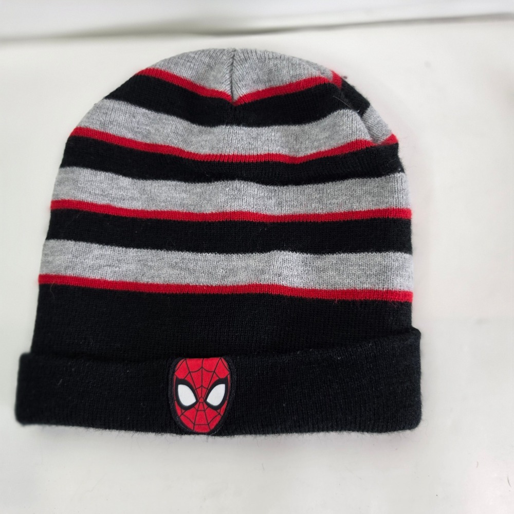 Marvel Spider-Man Youth Beanie Hat Red Black Grey Striped Knit Cap RN 14750 OSFM